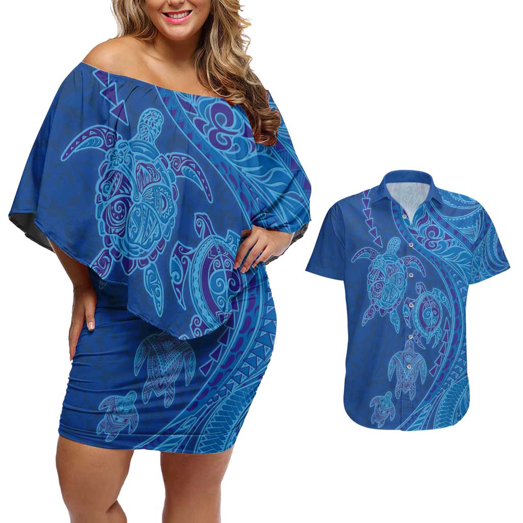 Hawaiian Turtles and Polynesian Art Tattoo Couples Matching Off Shoulder Short Dress and Hawaiian Shirt Ocean Abyss