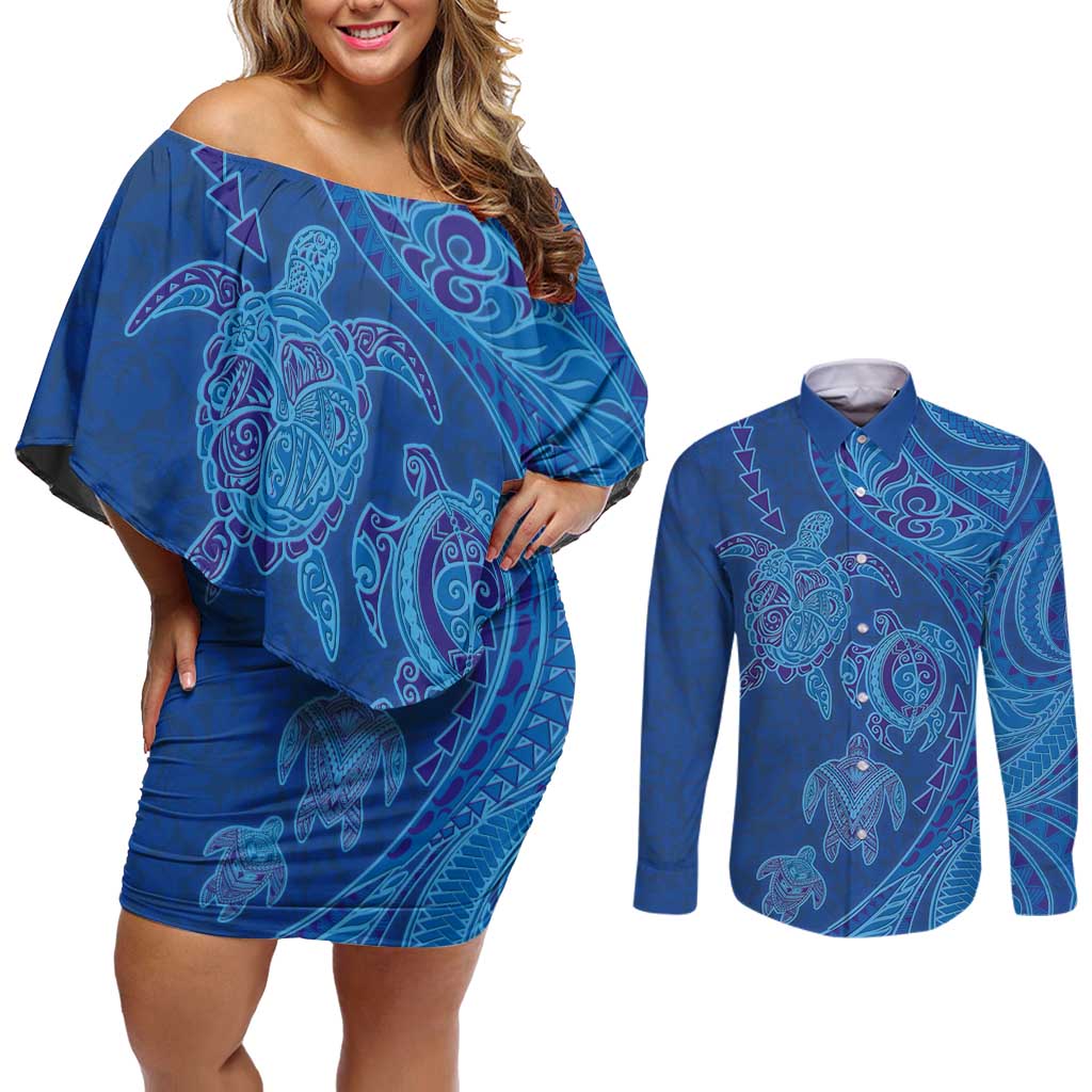 Hawaiian Turtles and Polynesian Art Tattoo Couples Matching Off Shoulder Short Dress and Long Sleeve Button Shirt Ocean Abyss