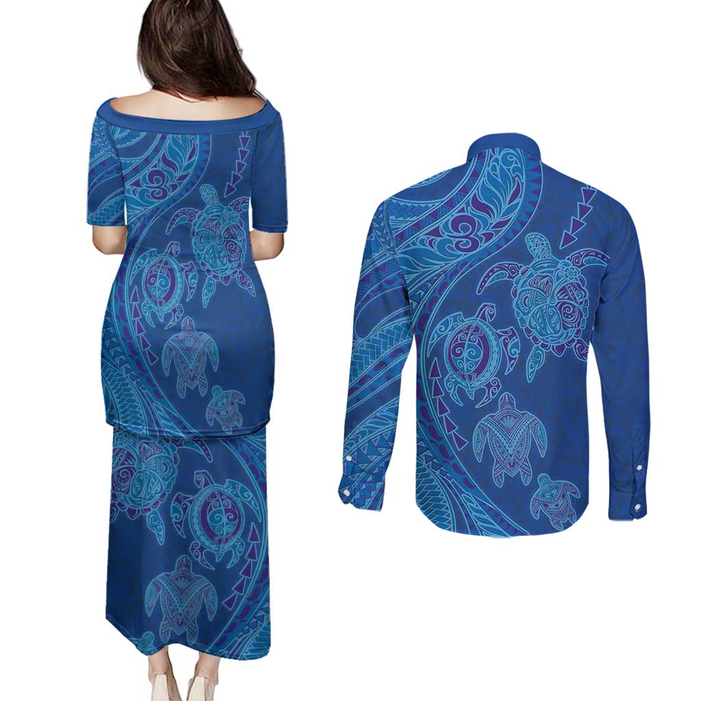 Hawaiian Turtles and Polynesian Art Tattoo Couples Matching Puletasi and Long Sleeve Button Shirt Ocean Abyss LT03 - Polynesian Pride