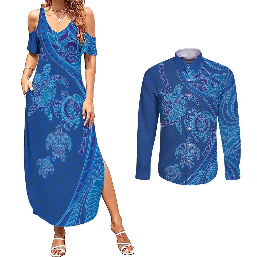 Hawaiian Turtles and Polynesian Art Tattoo Couples Matching Summer Maxi Dress and Long Sleeve Button Shirt Ocean Abyss