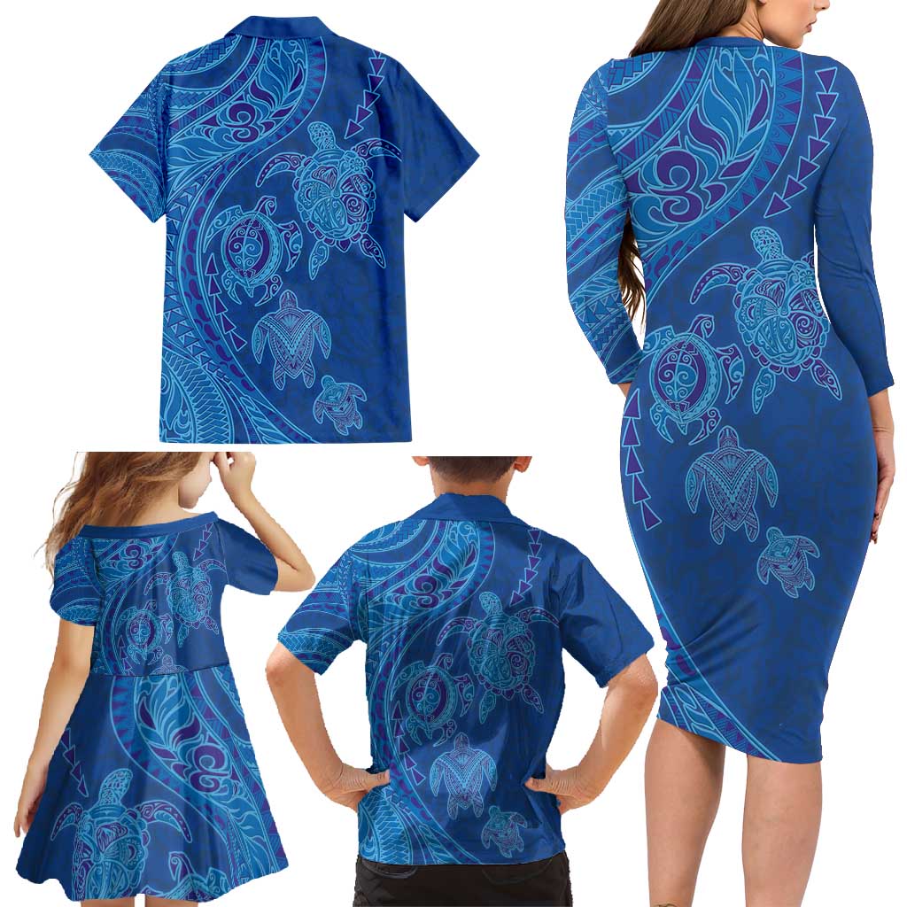 Hawaiian Turtles and Polynesian Art Tattoo Family Matching Long Sleeve Bodycon Dress and Hawaiian Shirt Ocean Abyss