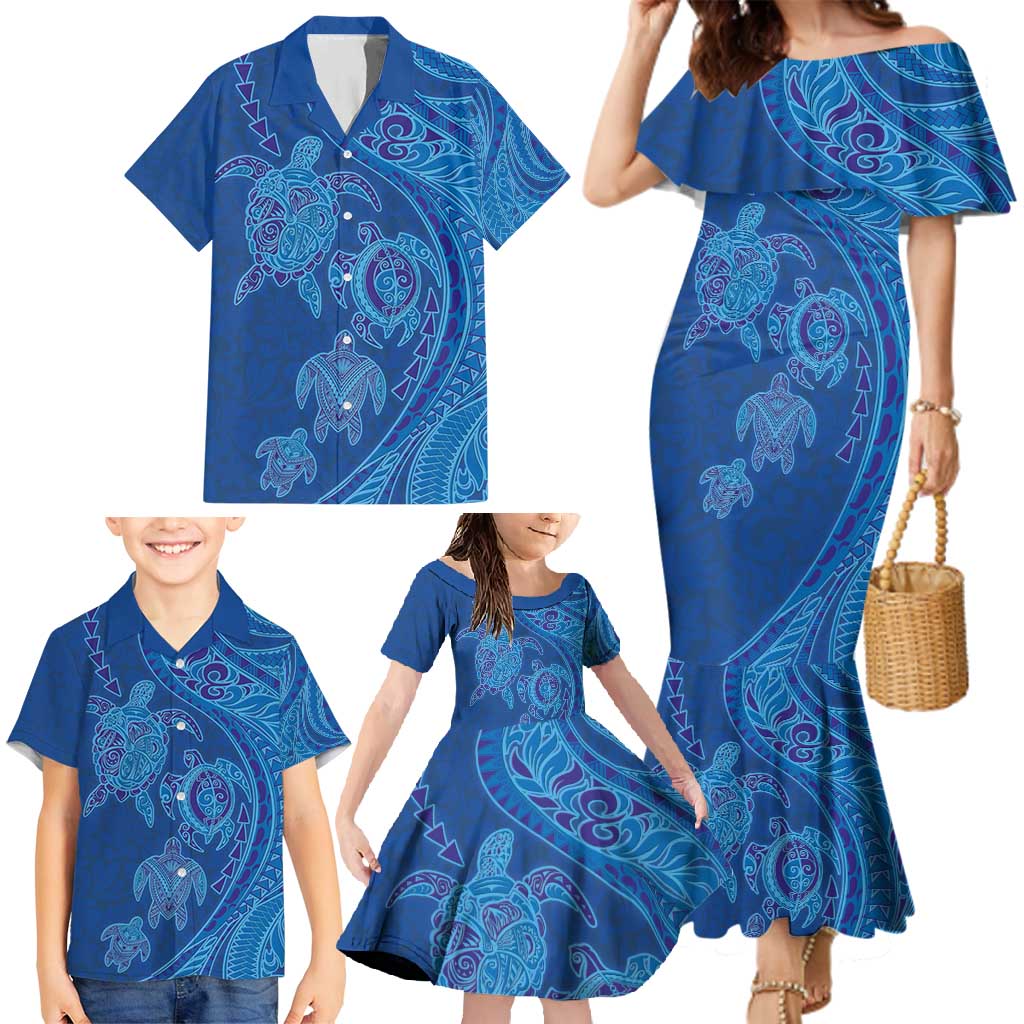 Hawaiian Turtles and Polynesian Art Tattoo Family Matching Mermaid Dress and Hawaiian Shirt Ocean Abyss