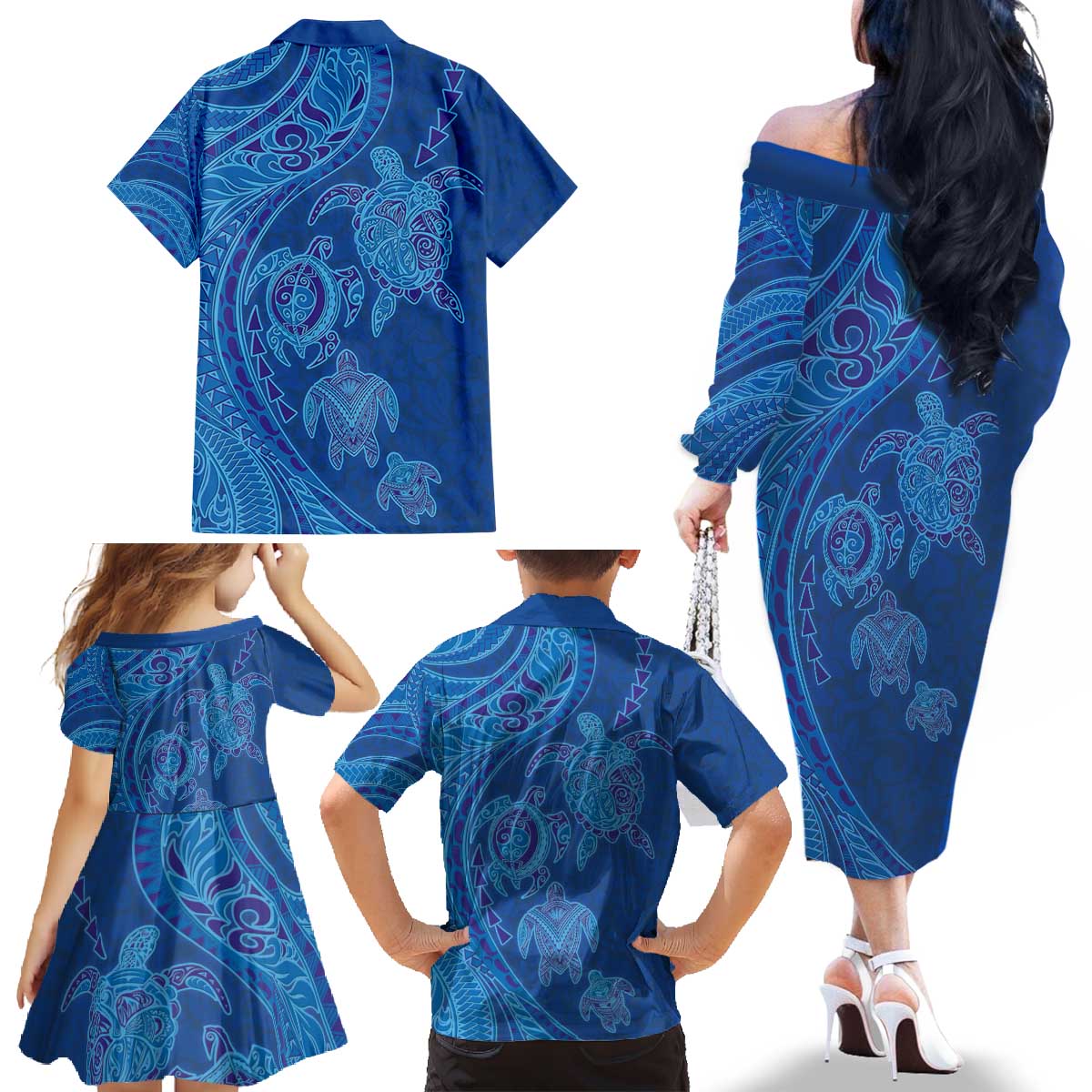 Hawaiian Turtles and Polynesian Art Tattoo Family Matching Off The Shoulder Long Sleeve Dress and Hawaiian Shirt Ocean Abyss