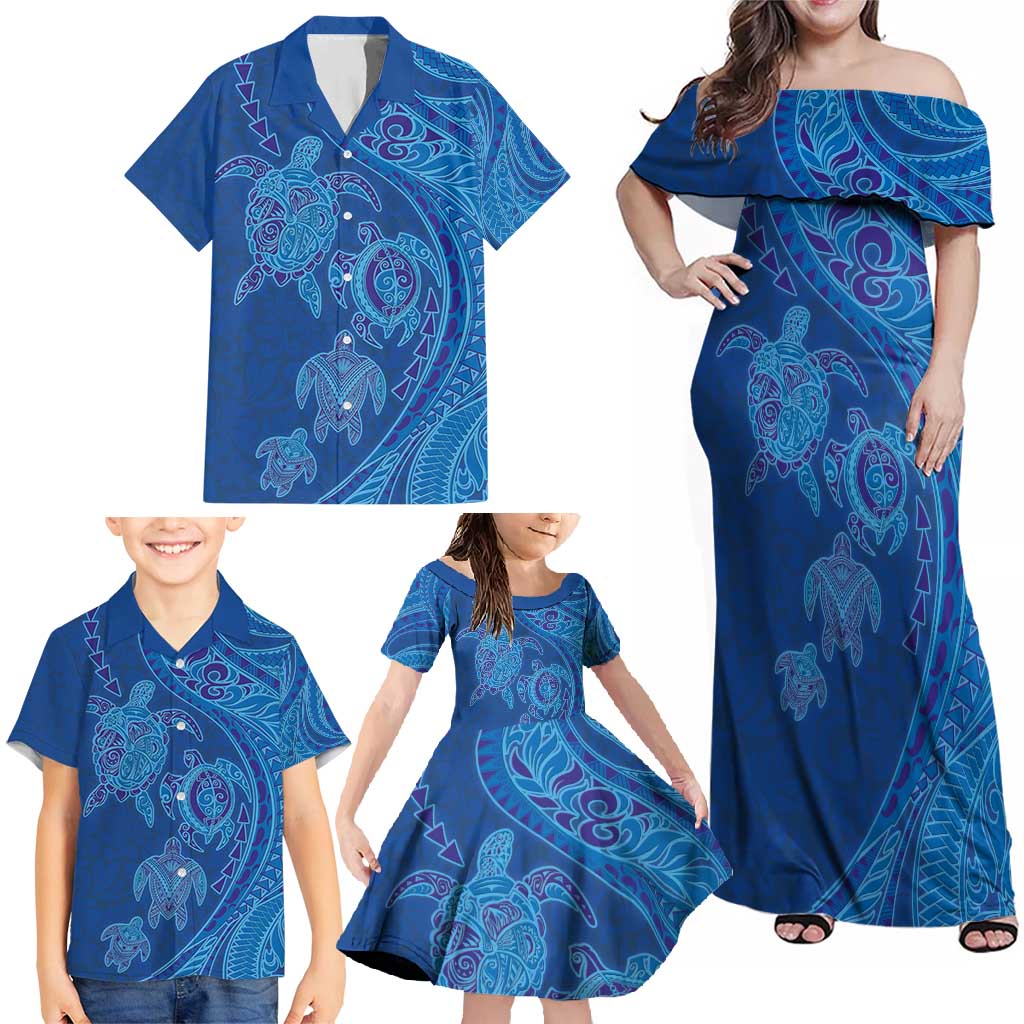 Hawaiian Turtles and Polynesian Art Tattoo Family Matching Off Shoulder Maxi Dress and Hawaiian Shirt Ocean Abyss