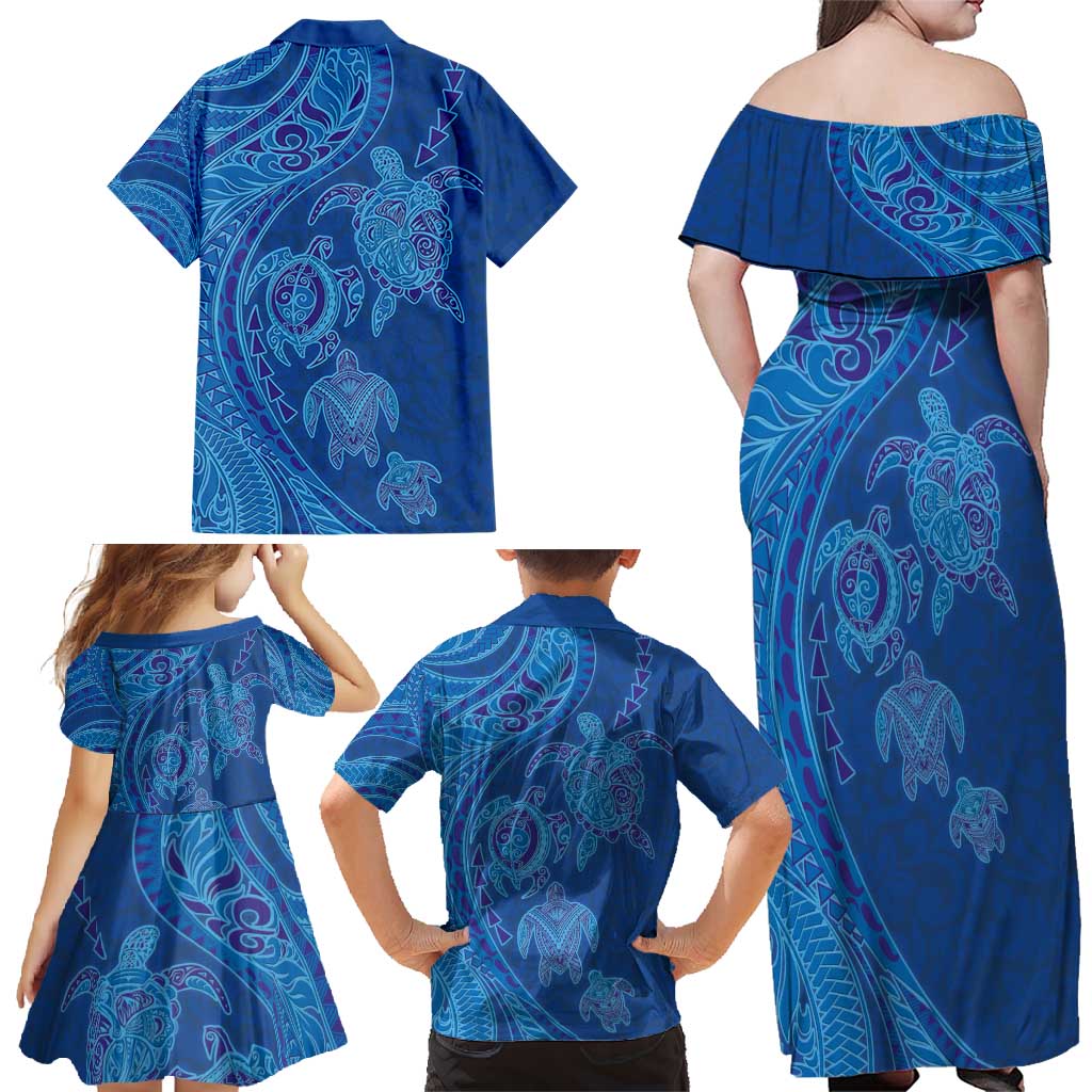 Hawaiian Turtles and Polynesian Art Tattoo Family Matching Off Shoulder Maxi Dress and Hawaiian Shirt Ocean Abyss
