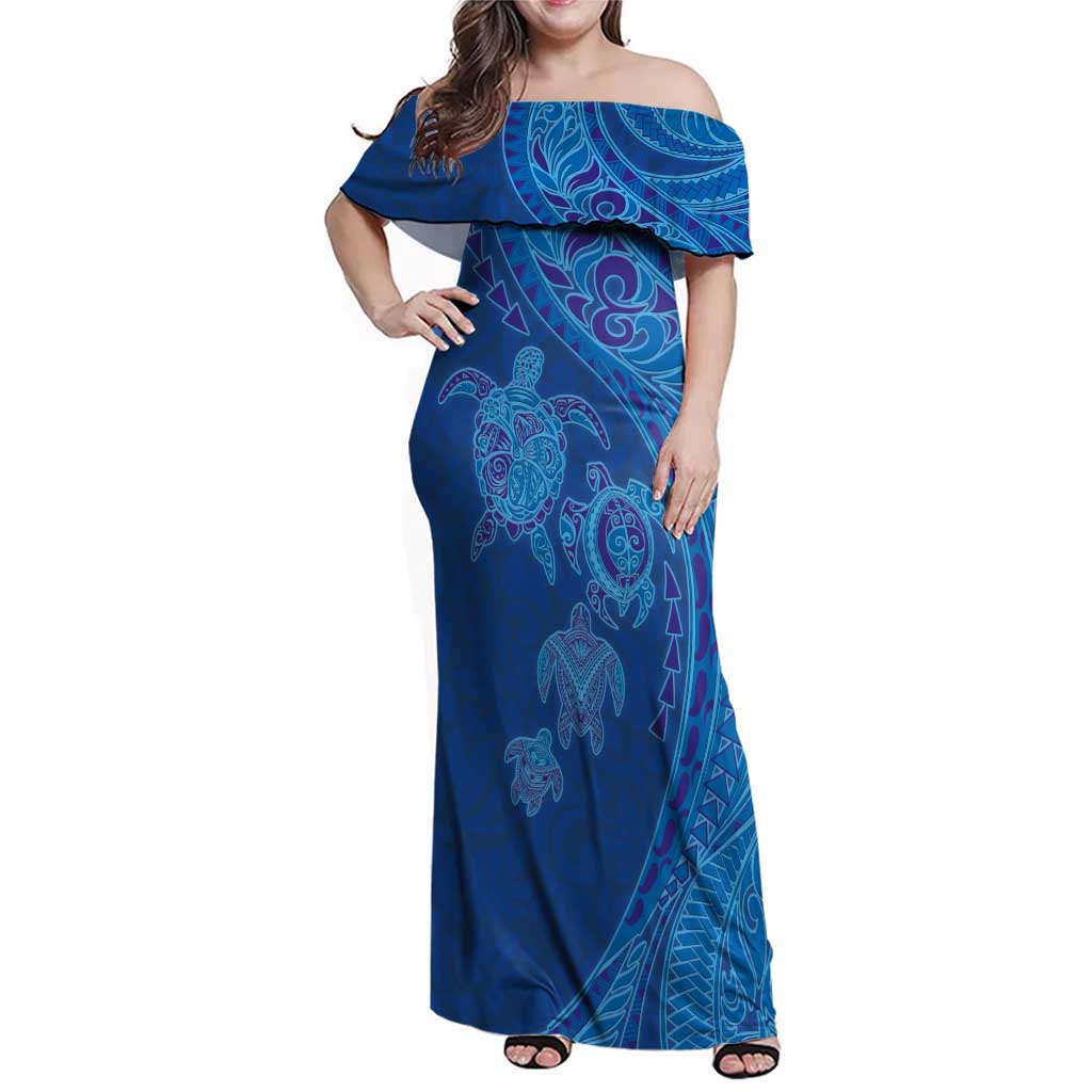 Hawaiian Turtles and Polynesian Art Tattoo Family Matching Off Shoulder Maxi Dress and Hawaiian Shirt Ocean Abyss