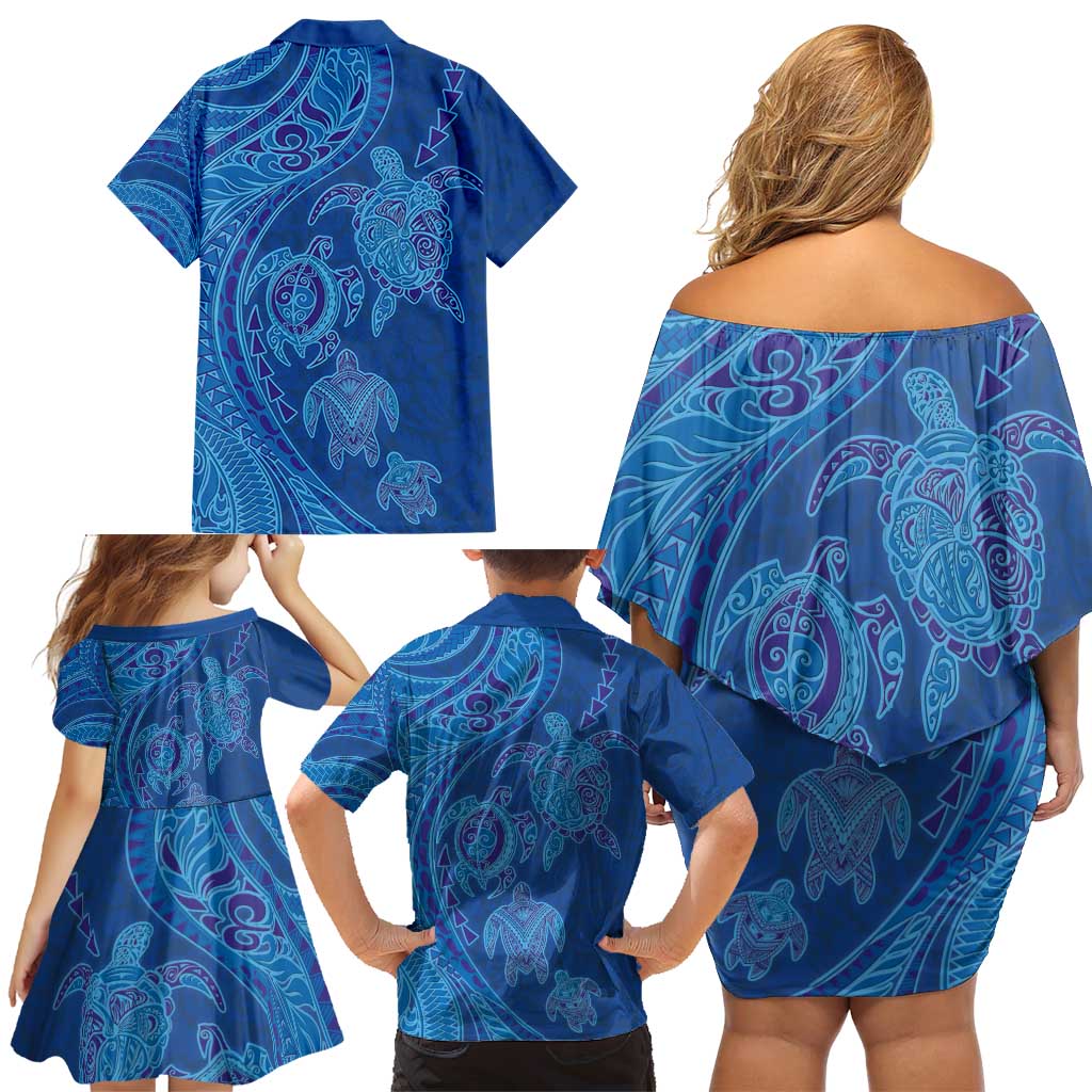 Hawaiian Turtles and Polynesian Art Tattoo Family Matching Off Shoulder Short Dress and Hawaiian Shirt Ocean Abyss