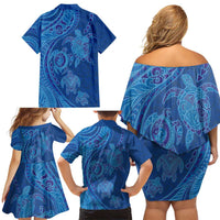 Hawaiian Turtles and Polynesian Art Tattoo Family Matching Off Shoulder Short Dress and Hawaiian Shirt Ocean Abyss