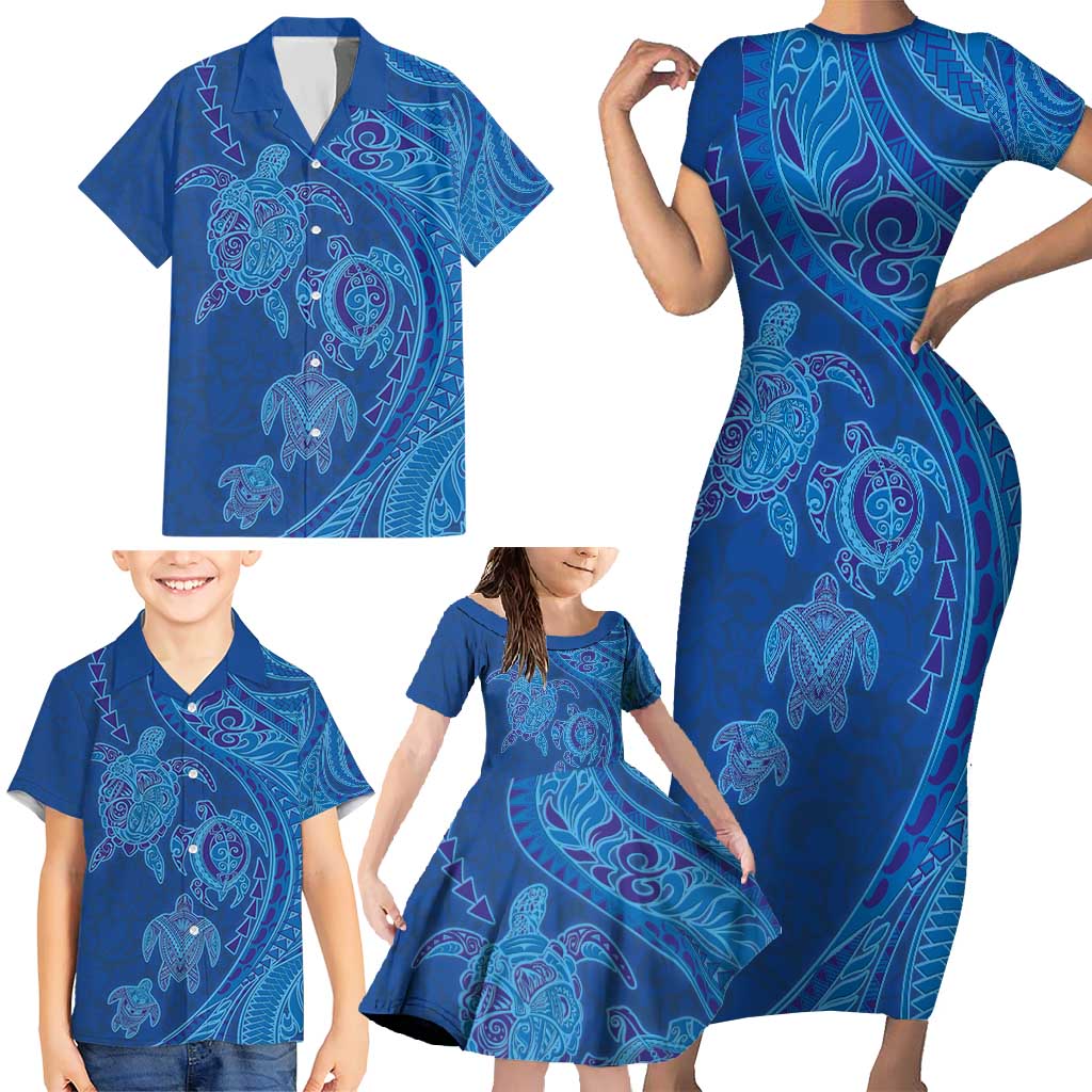 Hawaiian Turtles and Polynesian Art Tattoo Family Matching Short Sleeve Bodycon Dress and Hawaiian Shirt Ocean Abyss