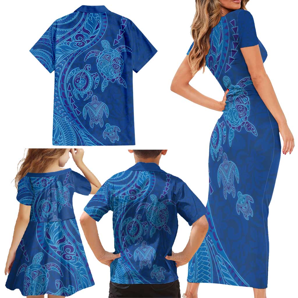 Hawaiian Turtles and Polynesian Art Tattoo Family Matching Short Sleeve Bodycon Dress and Hawaiian Shirt Ocean Abyss