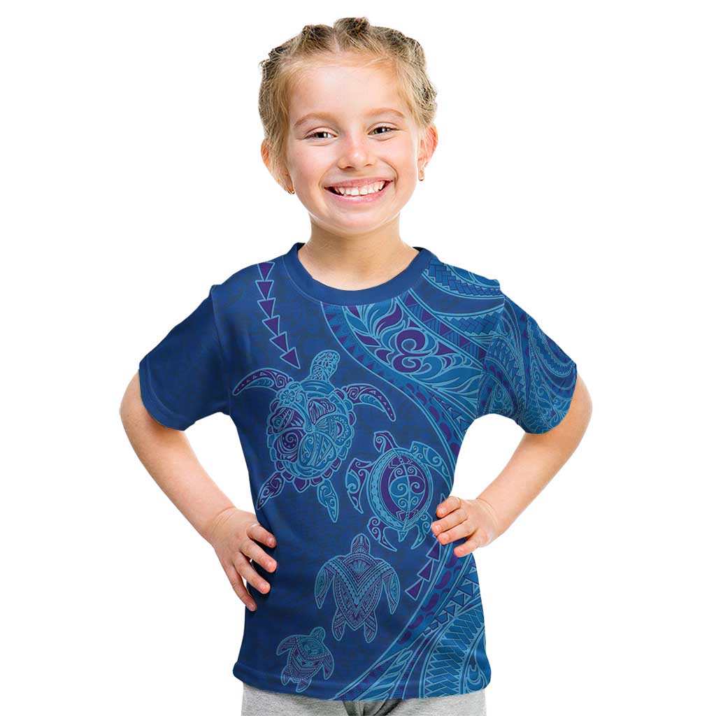 Hawaiian Turtles and Polynesian Art Tattoo Kid T Shirt Ocean Abyss LT03 Blue - Polynesian Pride