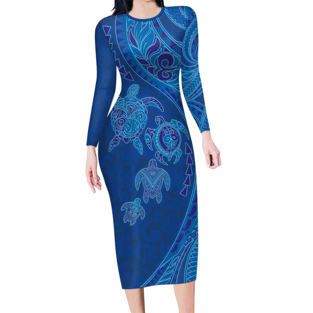 Hawaiian Turtles and Polynesian Art Tattoo Long Sleeve Bodycon Dress Ocean Abyss