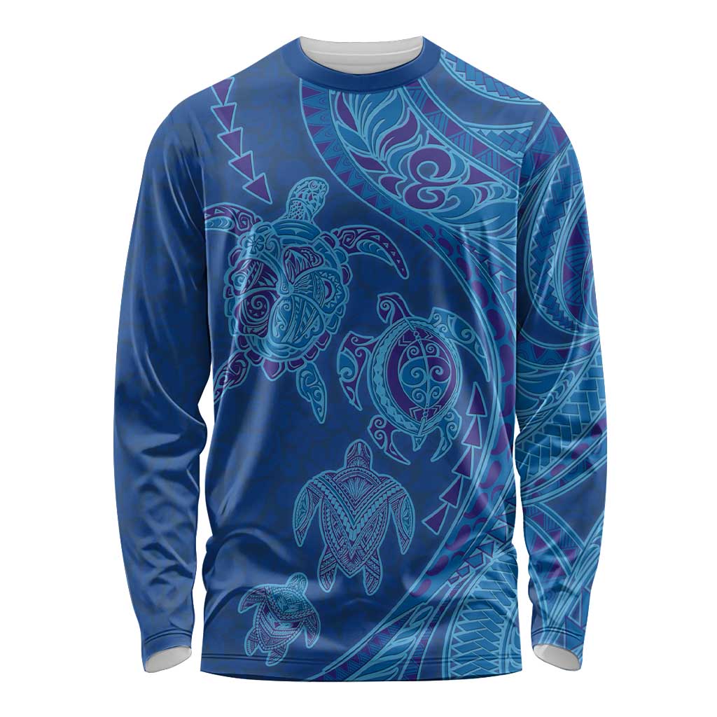 Hawaiian Turtles and Polynesian Art Tattoo Long Sleeve Shirt Ocean Abyss LT03 Unisex Blue - Polynesian Pride
