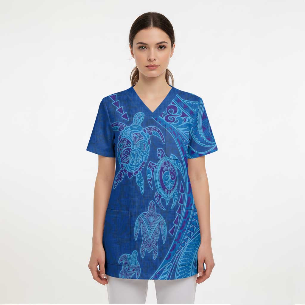 Hawaiian Turtles and Polynesian Art Tattoo Scrub Top Ocean Abyss - Polynesian Pride