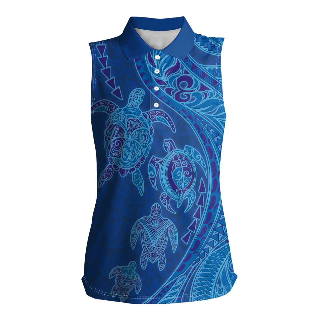 Hawaiian Turtles and Polynesian Art Tattoo Women Sleeveless Polo Shirt Ocean Abyss LT03 Female Blue - Polynesian Pride