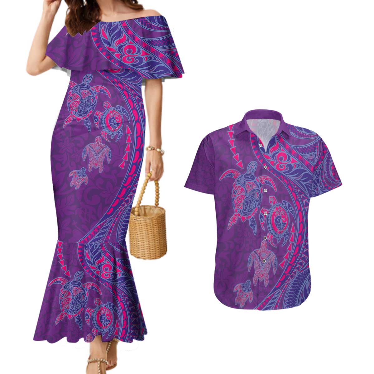 Hawaiian Turtles and Polynesian Art Tattoo Couples Matching Mermaid Dress and Hawaiian Shirt Dusky Violet