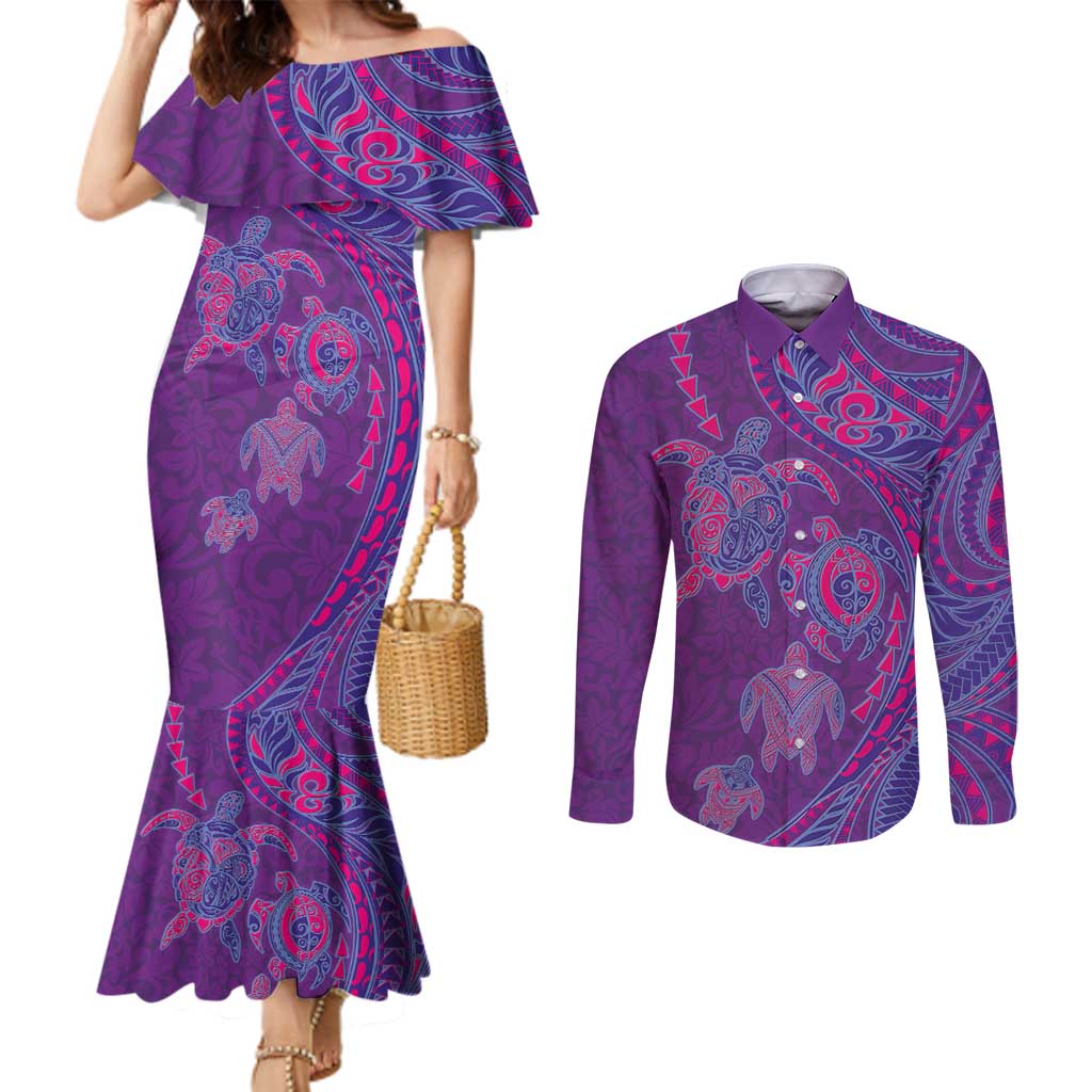 Hawaiian Turtles and Polynesian Art Tattoo Couples Matching Mermaid Dress and Long Sleeve Button Shirt Dusky Violet