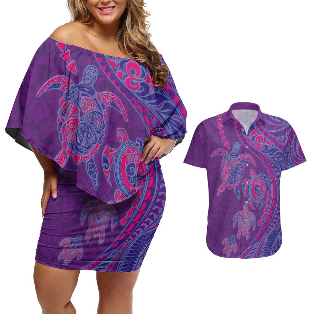 Hawaiian Turtles and Polynesian Art Tattoo Couples Matching Off Shoulder Short Dress and Hawaiian Shirt Dusky Violet