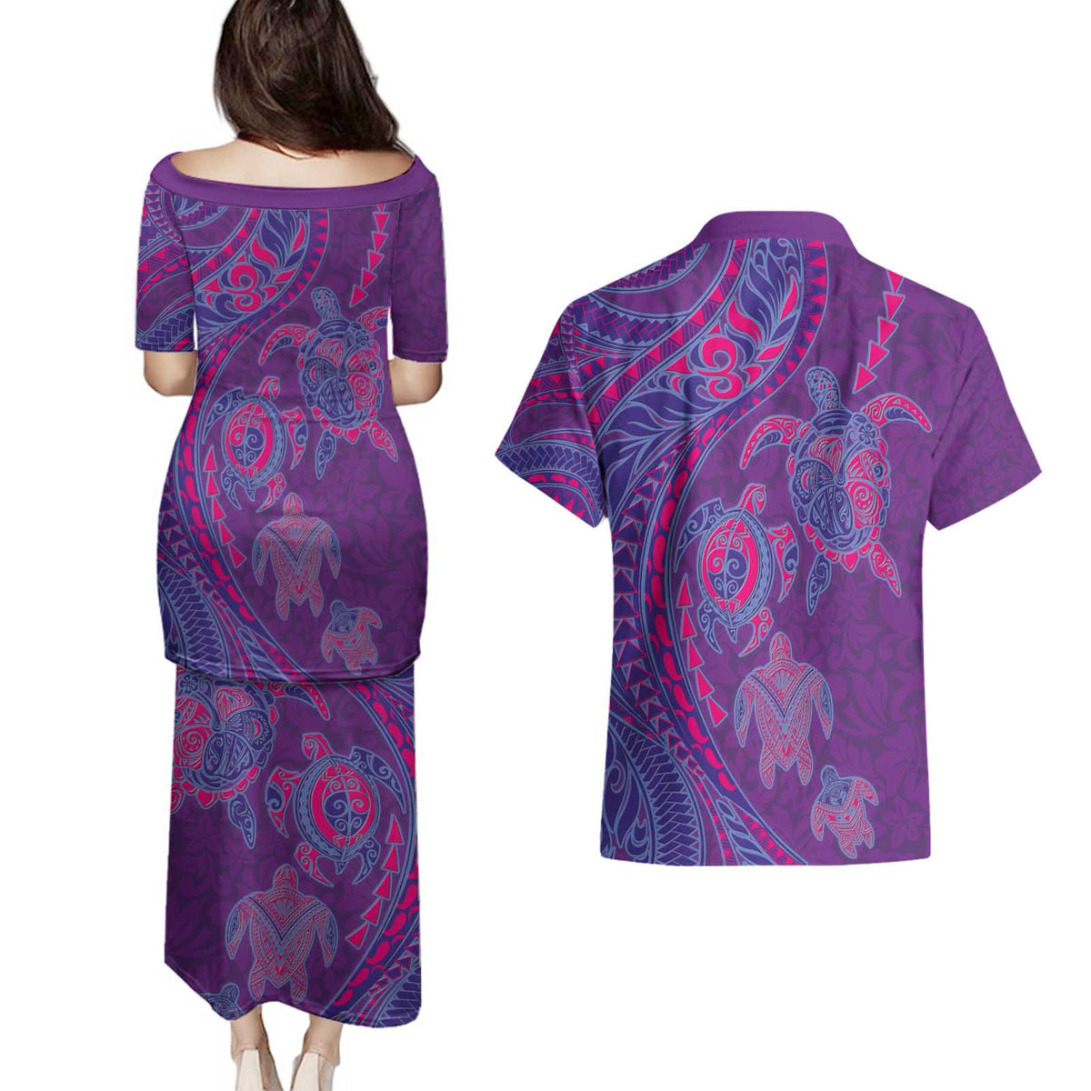 Hawaiian Turtles and Polynesian Art Tattoo Couples Matching Puletasi and Hawaiian Shirt Dusky Violet LT03 - Polynesian Pride