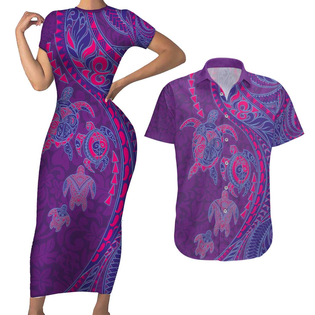 Hawaiian Turtles and Polynesian Art Tattoo Couples Matching Short Sleeve Bodycon Dress and Hawaiian Shirt Dusky Violet