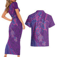 Hawaiian Turtles and Polynesian Art Tattoo Couples Matching Short Sleeve Bodycon Dress and Hawaiian Shirt Dusky Violet