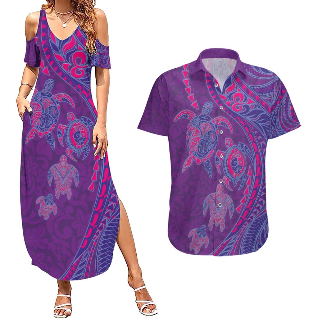 Hawaiian Turtles and Polynesian Art Tattoo Couples Matching Summer Maxi Dress and Hawaiian Shirt Dusky Violet