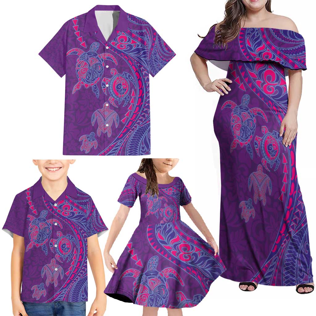 Hawaiian Turtles and Polynesian Art Tattoo Family Matching Off Shoulder Maxi Dress and Hawaiian Shirt Dusky Violet