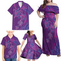 Hawaiian Turtles and Polynesian Art Tattoo Family Matching Off Shoulder Maxi Dress and Hawaiian Shirt Dusky Violet