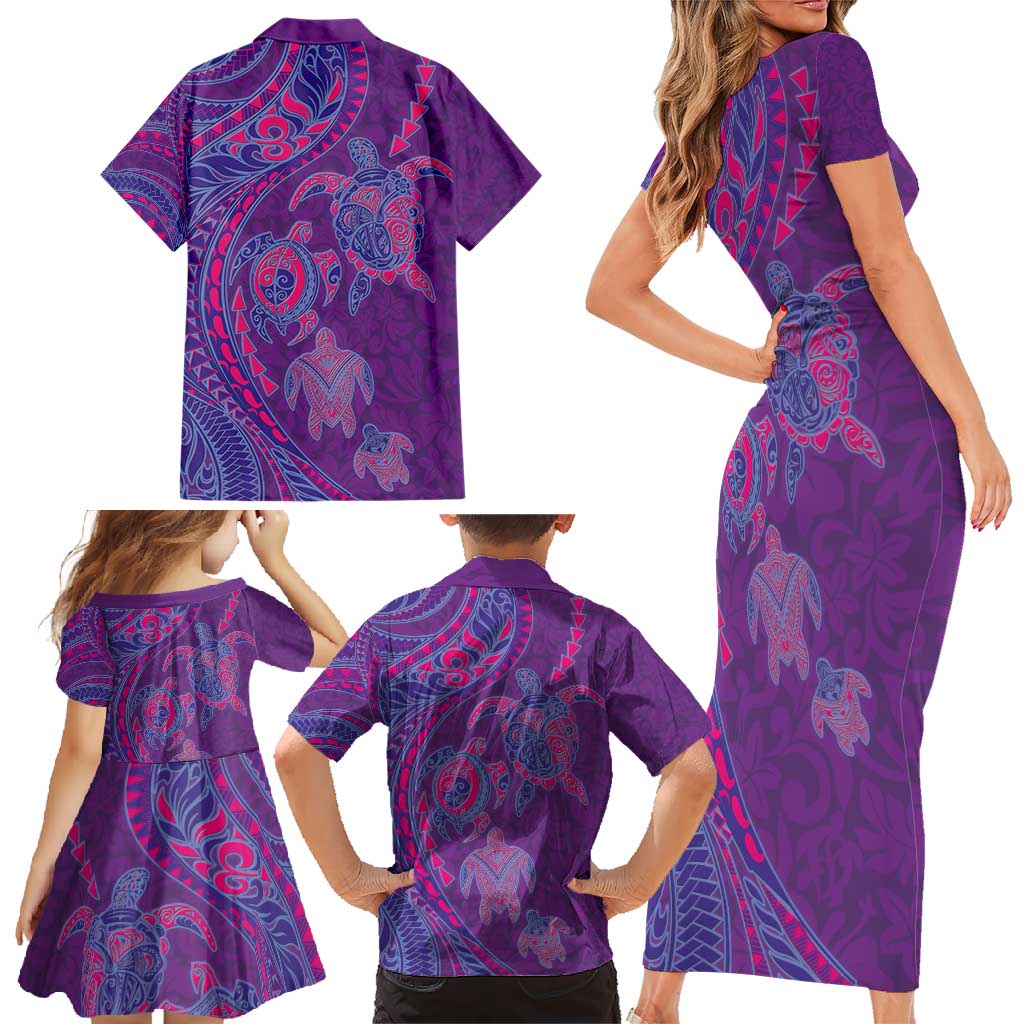 Hawaiian Turtles and Polynesian Art Tattoo Family Matching Short Sleeve Bodycon Dress and Hawaiian Shirt Dusky Violet