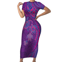 Hawaiian Turtles and Polynesian Art Tattoo Family Matching Short Sleeve Bodycon Dress and Hawaiian Shirt Dusky Violet