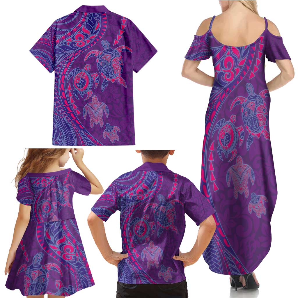 Hawaiian Turtles and Polynesian Art Tattoo Family Matching Summer Maxi Dress and Hawaiian Shirt Dusky Violet