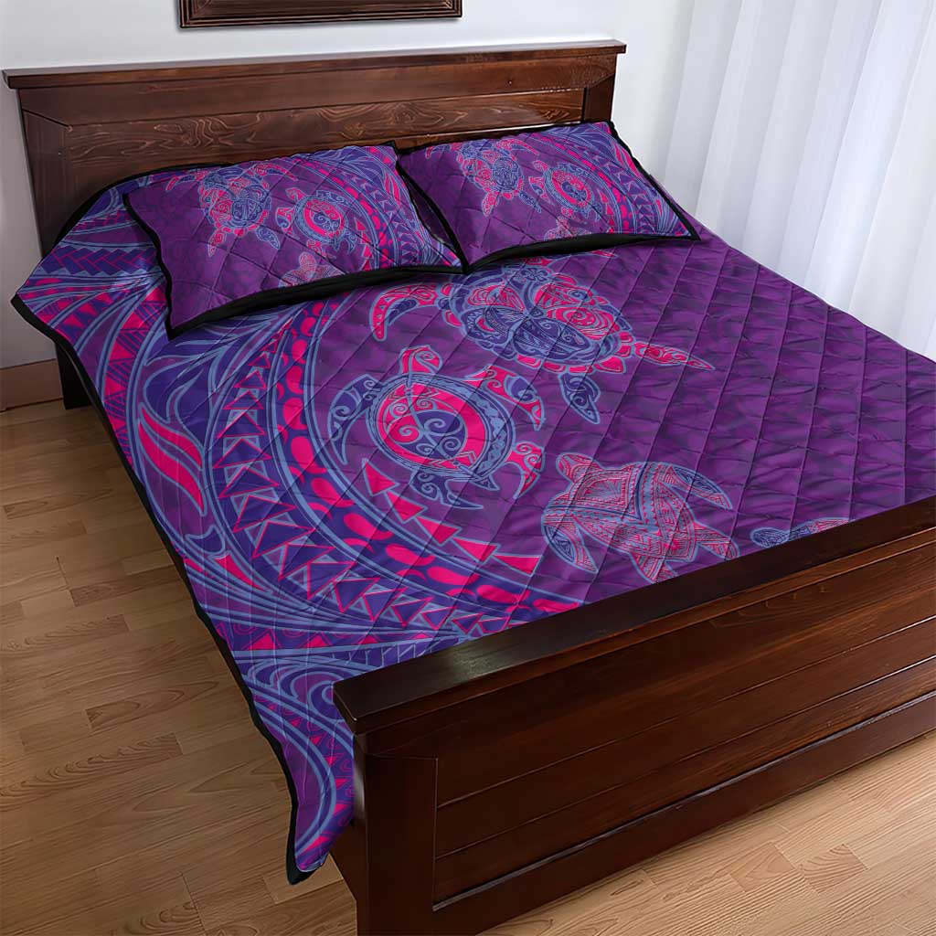 Hawaiian Turtles and Polynesian Art Tattoo Quilt Bed Set Dusky Violet