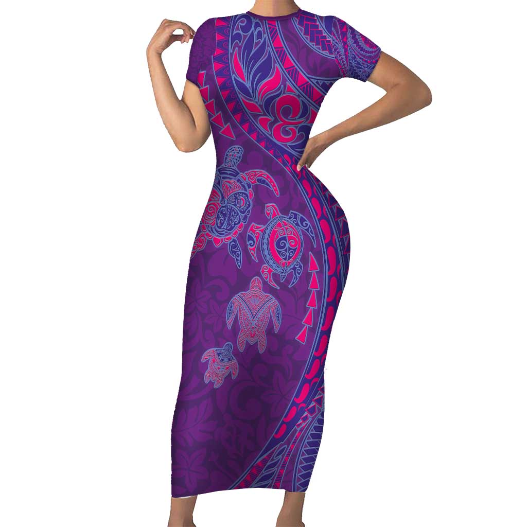 Hawaiian Turtles and Polynesian Art Tattoo Short Sleeve Bodycon Dress Dusky Violet