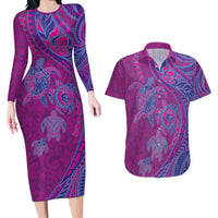 Hawaiian Turtles and Polynesian Art Tattoo Couples Matching Long Sleeve Bodycon Dress and Hawaiian Shirt Cerise