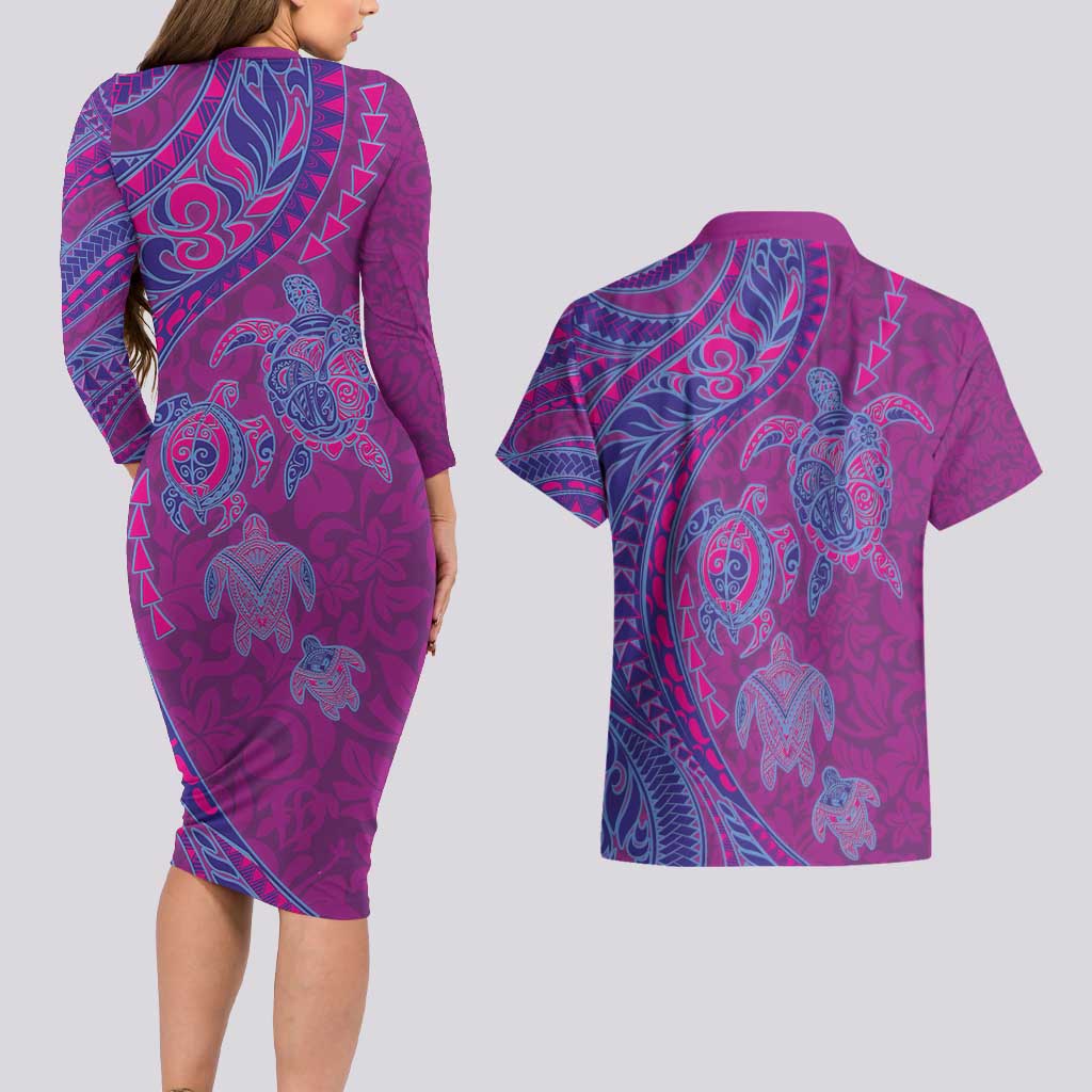 Hawaiian Turtles and Polynesian Art Tattoo Couples Matching Long Sleeve Bodycon Dress and Hawaiian Shirt Cerise