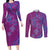 Hawaiian Turtles and Polynesian Art Tattoo Couples Matching Long Sleeve Bodycon Dress and Long Sleeve Button Shirt Cerise