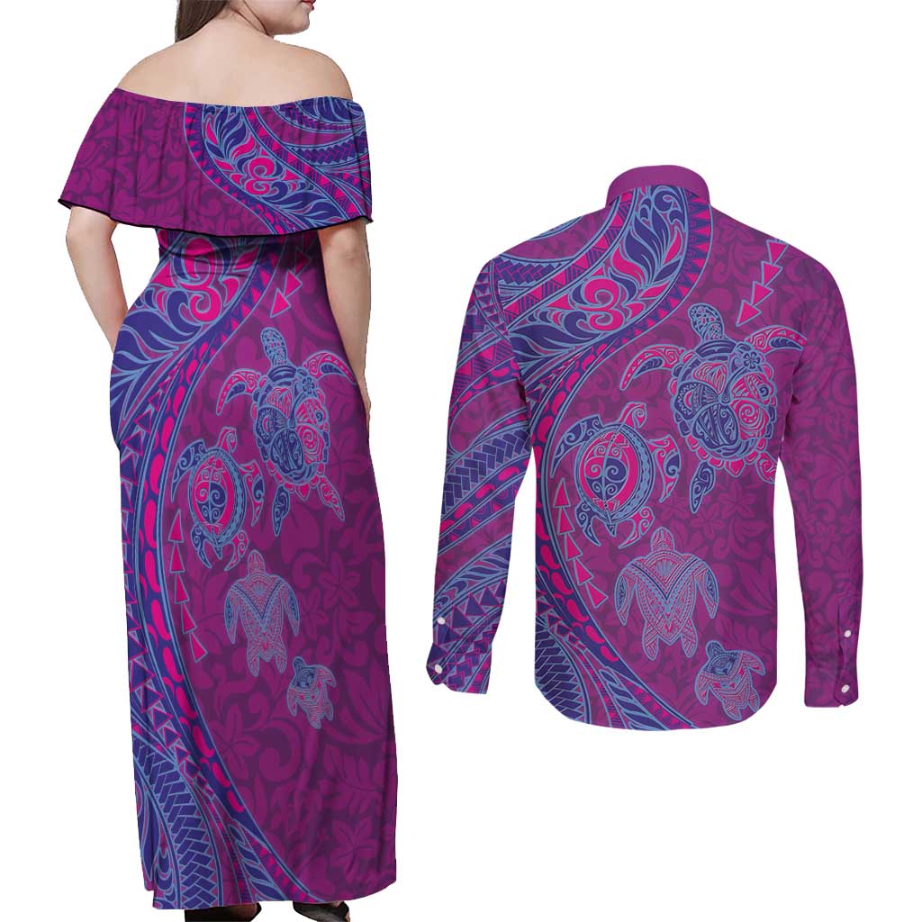 Hawaiian Turtles and Polynesian Art Tattoo Couples Matching Off Shoulder Maxi Dress and Long Sleeve Button Shirt Cerise
