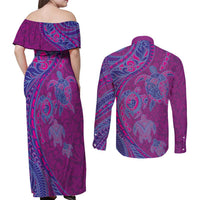 Hawaiian Turtles and Polynesian Art Tattoo Couples Matching Off Shoulder Maxi Dress and Long Sleeve Button Shirt Cerise