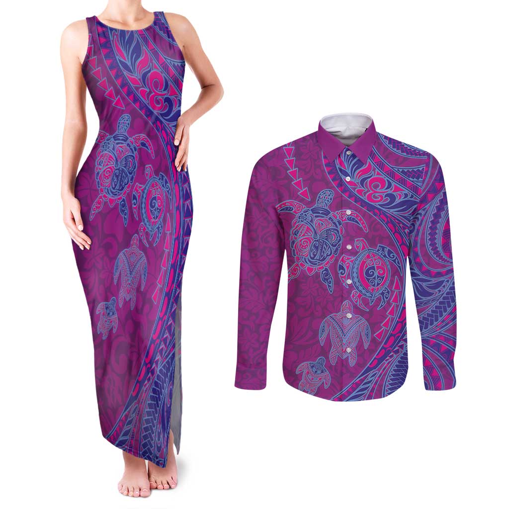 Hawaiian Turtles and Polynesian Art Tattoo Couples Matching Tank Maxi Dress and Long Sleeve Button Shirt Cerise