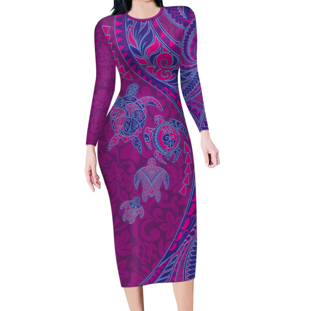 Hawaiian Turtles and Polynesian Art Tattoo Family Matching Long Sleeve Bodycon Dress and Hawaiian Shirt Cerise