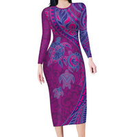 Hawaiian Turtles and Polynesian Art Tattoo Family Matching Long Sleeve Bodycon Dress and Hawaiian Shirt Cerise