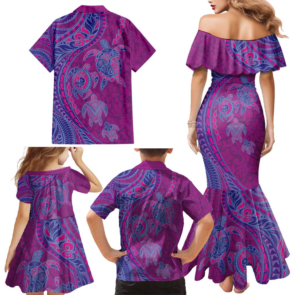 Hawaiian Turtles and Polynesian Art Tattoo Family Matching Mermaid Dress and Hawaiian Shirt Cerise