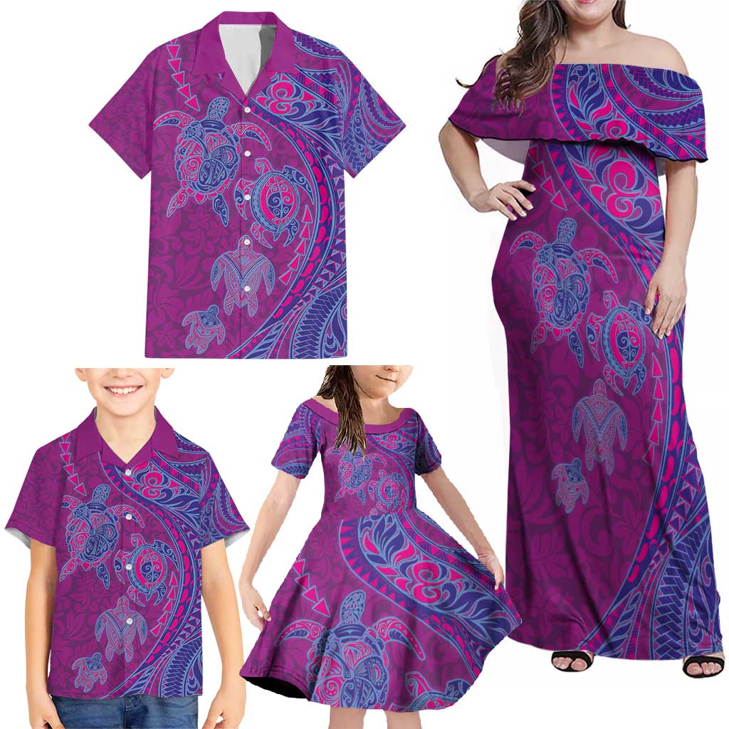 Hawaiian Turtles and Polynesian Art Tattoo Family Matching Off Shoulder Maxi Dress and Hawaiian Shirt Cerise