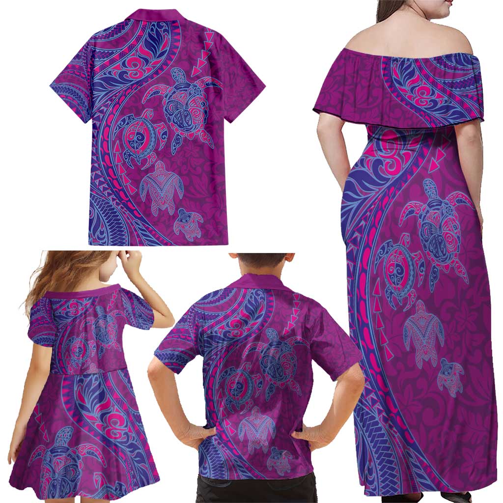 Hawaiian Turtles and Polynesian Art Tattoo Family Matching Off Shoulder Maxi Dress and Hawaiian Shirt Cerise