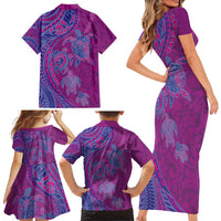 Hawaiian Turtles and Polynesian Art Tattoo Family Matching Short Sleeve Bodycon Dress and Hawaiian Shirt Cerise