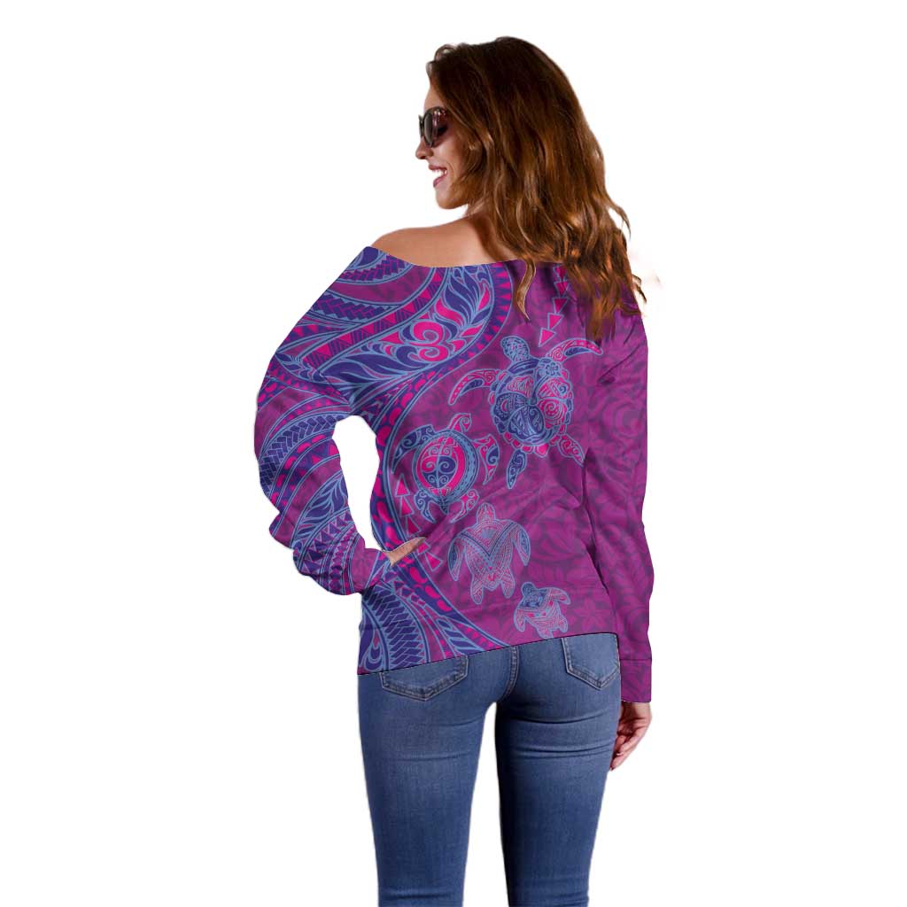 Hawaiian Turtles and Polynesian Art Tattoo Off Shoulder Sweater Cerise