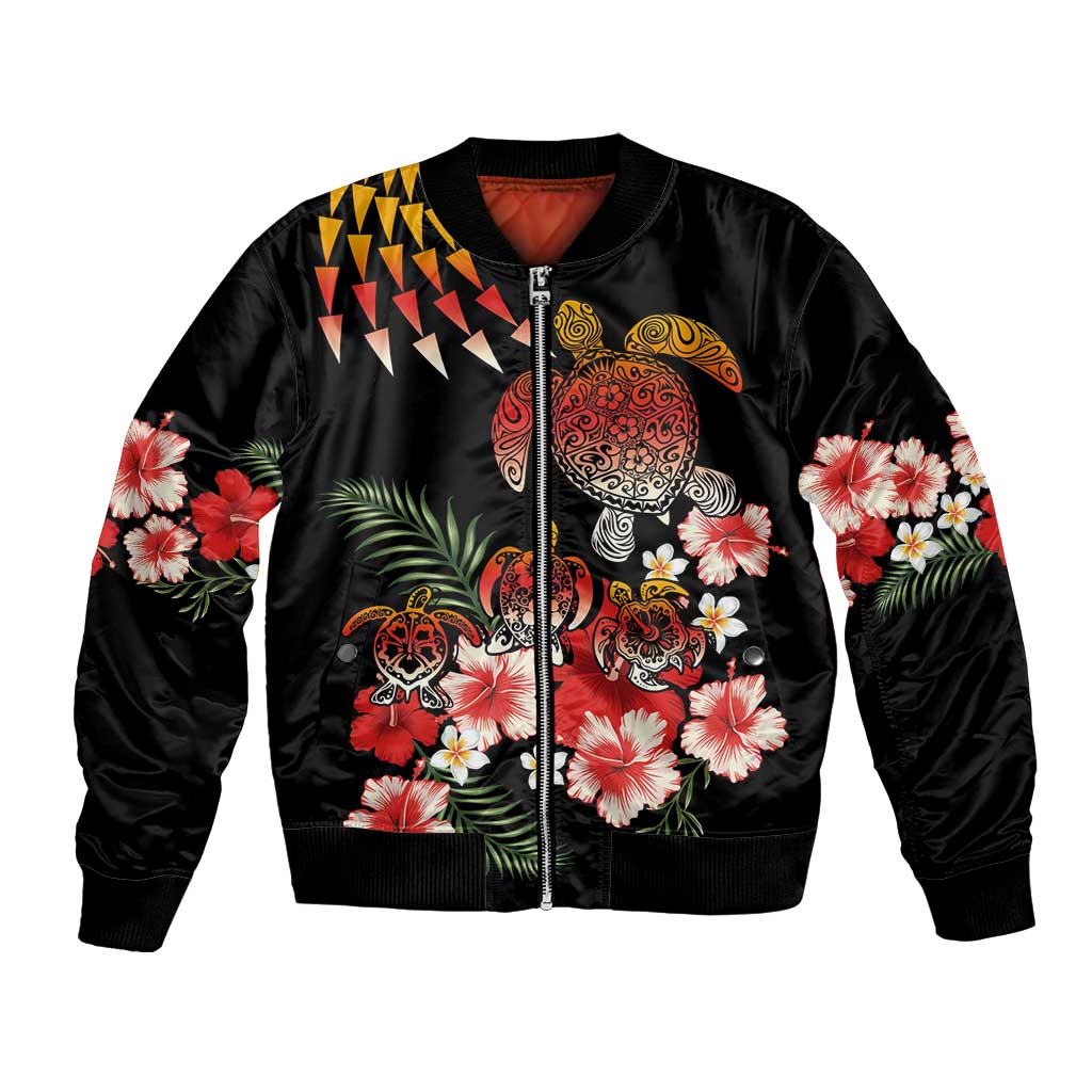 Hawaiian Hibiscus Turtle and Tropical Flower Bomber Jacket Dynamic Vibe LT03 Unisex Black - Polynesian Pride
