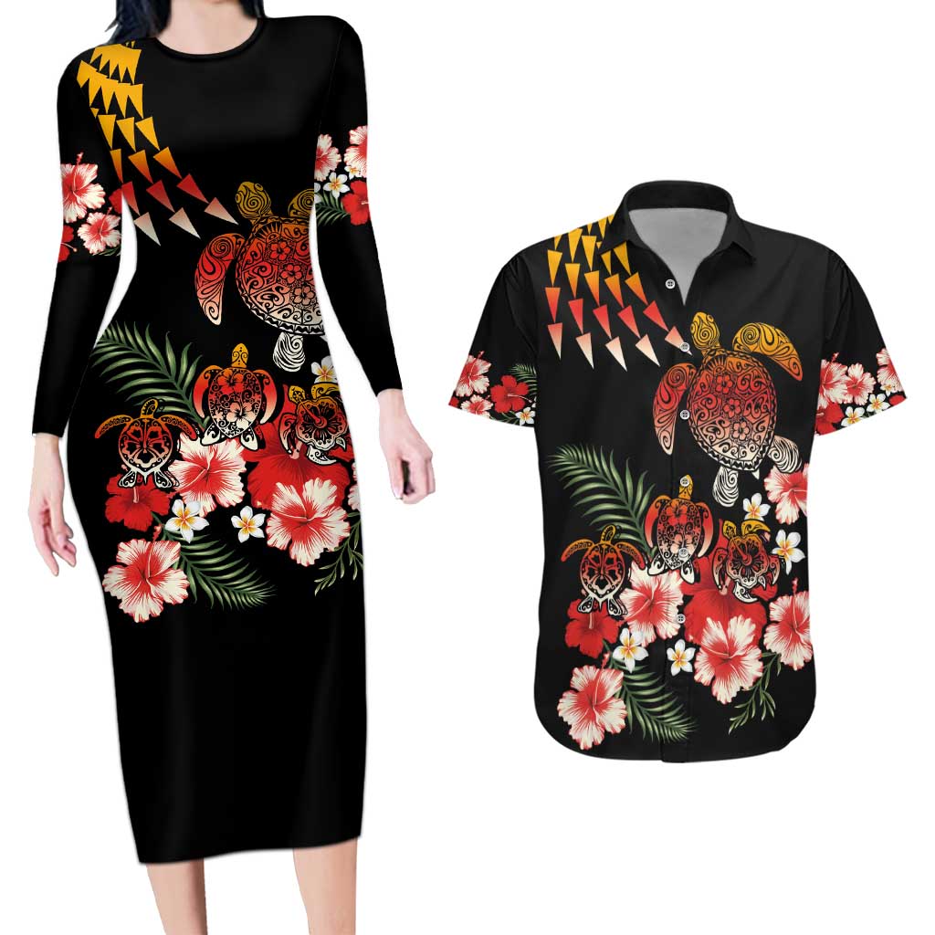 Hawaiian Hibiscus Turtle and Tropical Flower Couples Matching Long Sleeve Bodycon Dress and Hawaiian Shirt Dynamic Vibe