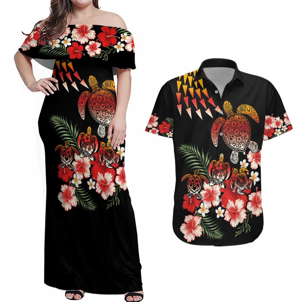 Hawaiian Hibiscus Turtle and Tropical Flower Couples Matching Off Shoulder Maxi Dress and Hawaiian Shirt Dynamic Vibe