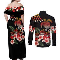 Hawaiian Hibiscus Turtle and Tropical Flower Couples Matching Off Shoulder Maxi Dress and Long Sleeve Button Shirt Dynamic Vibe